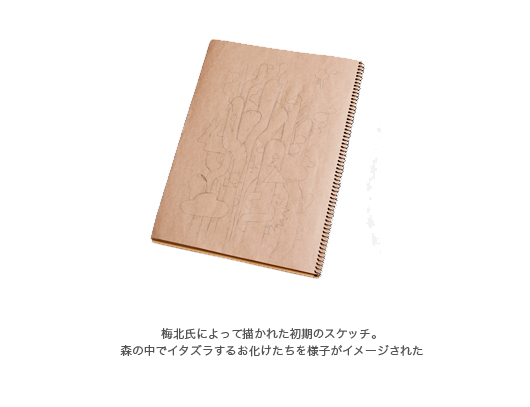 梅北氏によって描かれた初期のスケッチ。森の中でイタズラするお化けたちを様子がイメージされた